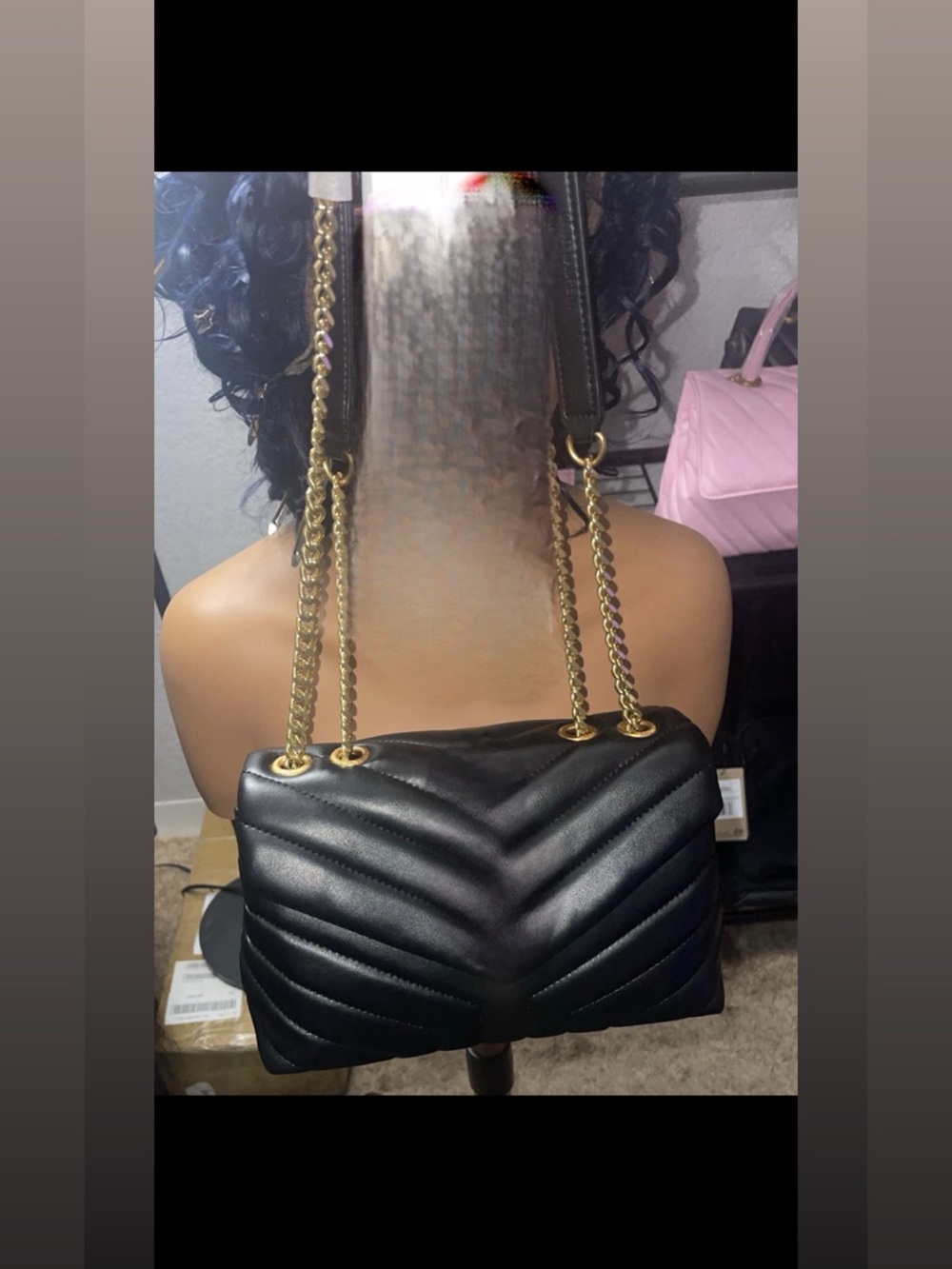 Chevron Quilted Black Shoulder Bag with Gold Chain Straps